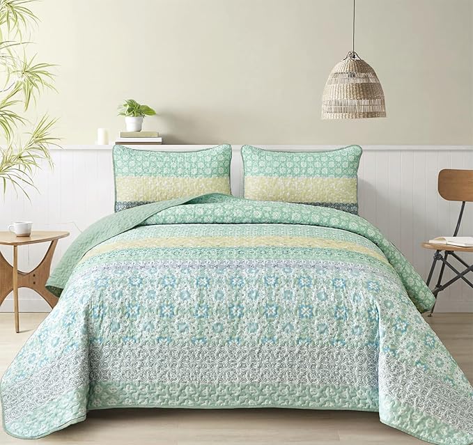 WONGS BEDDING Boho Quilt Set Queen, Sage Green Bohemian Striped Patchwork Bedspread Coverlet Set with 2 Pillowcases,Lightweight Microfiber Floral Bedding Set 96"×90"
