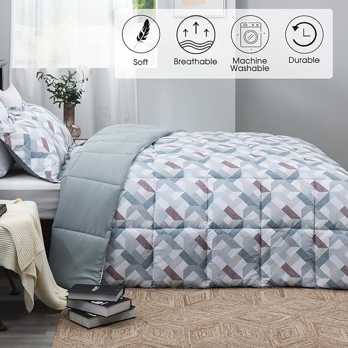 Basic Beyond Queen Comforter Set - Printed Geometry Pattern Comforter Set Queen Size,Lightweight Down Alternative Bed Comforter Queen Set(Geometry,Queen)
