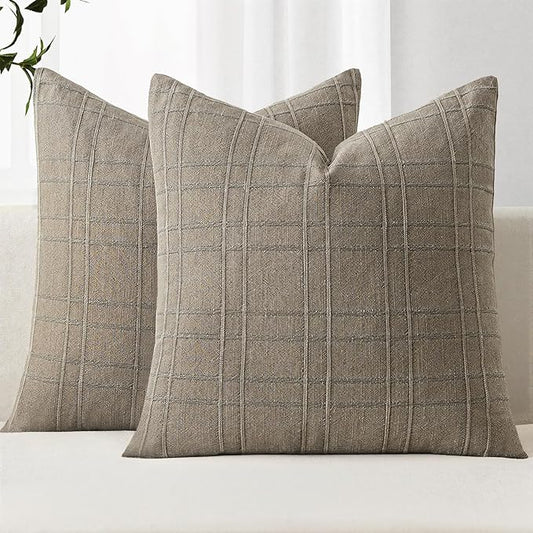 MIULEE Decorative Linen Check Throw Pillow Covers Neutral Farmhouse Vintage Pillow Covers 18x18 Set of 2 Boho Modern Winter Home Decor for Sofa Couch Bedroom Cushion Tan Taupe