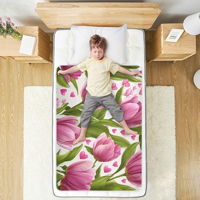 Waterproof Bed Pad Reusable Changing Pad Toddler Mattress Protector Large Pee Pad Baby Diaper Pad Soft Washable Liner Pink Fresh Tulips and Hearts