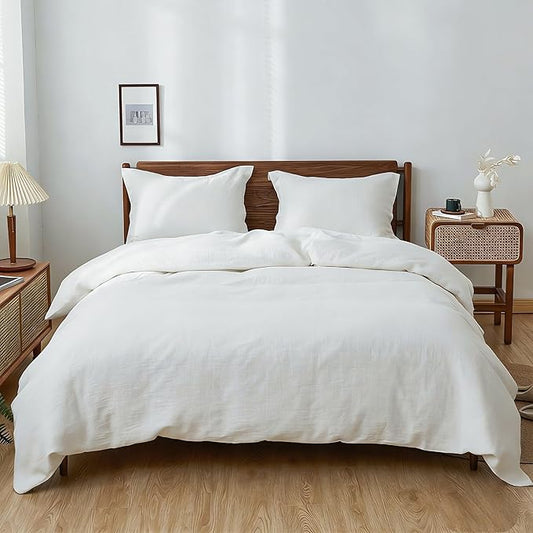 Simple&Opulence 100% Linen Duvet Cover Set, 3 PCS Natural French Flax White Duvet Cover King Size, Breathable Soft Comfy Linen Bedding Comforter Cover with 2 Pillowcases(White, 104"x92")