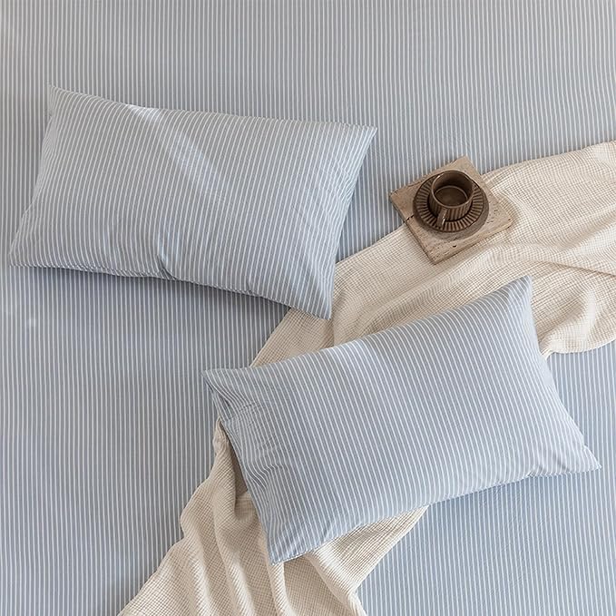 JIYUAN 100% Washed Cotton Striped Duvet Cover Set 3 Pieces Queen, 1 Duvet Cover and 2 Pillowcases(Comforter Not Included),Linen Like Comfy and Breathable,Pinstripes - Cornflower Blue White