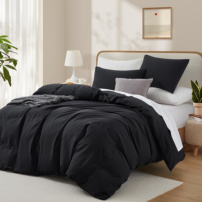 LOVQUE Bedding Duvet Cover Queen Size, 100% Washed Cotton Linen Like Natural Bedding Set with Zipper Closure (No Comforter), 90x90, Black
