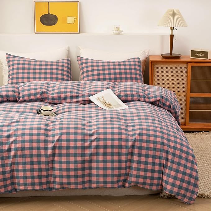 VM VOUGEMARKET Gingham Duvet Cover Set King 3 Pieces Washed Cotton Pink Purple Blue Plaid Checkered Printed Comforter Cover with Zipper Soft Lightweight & Breathable Quilt Cover Set
