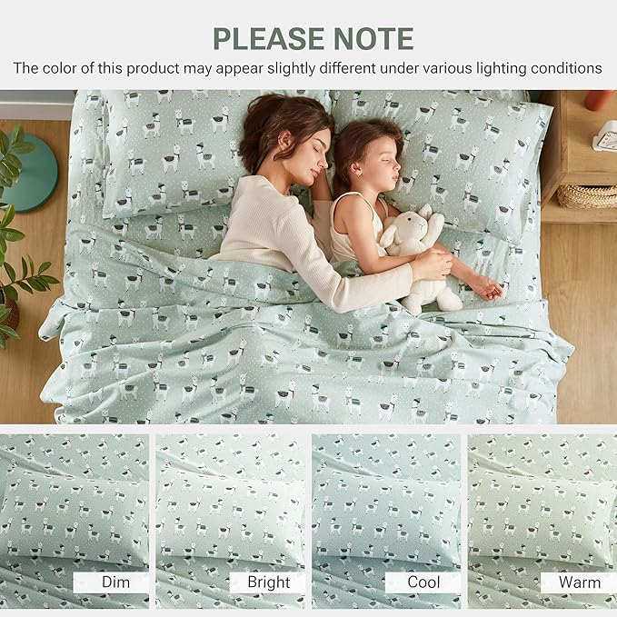 True North by Sleep Philosophy Cozy Flannel Warm 100% Cotton Sheet - Novelty Print Animals Stars Cute Ultra Soft Cold Weather Bedding Set, King, Seafoam Llama 4 Piece