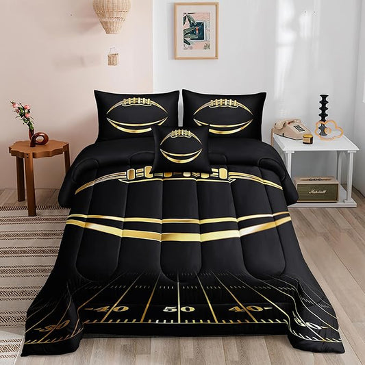 Football Comforter Sets,6 PCS Football Bedding Set for Boys,Kids Comforter Sets for Boys,Full Black and Gold Comforters Sets for Boy,Bed in A Bag with Sheets
