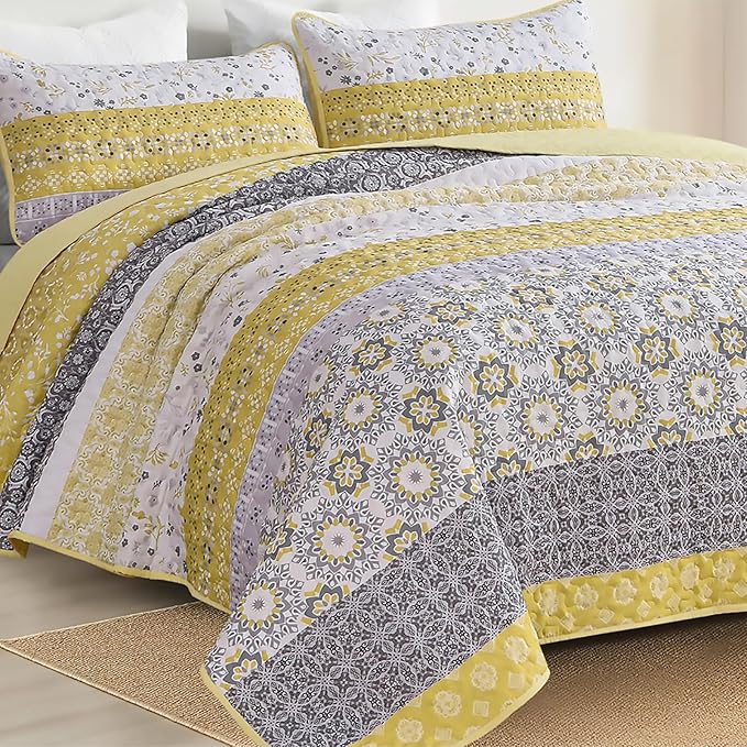 WONGS BEDDING Boho Quilt Set King, Yellow Bohemian Striped Patchwork Bedspread Coverlet Set with 2 Pillowcases,Lightweight Microfiber Floral Bedding Set 104"×90"