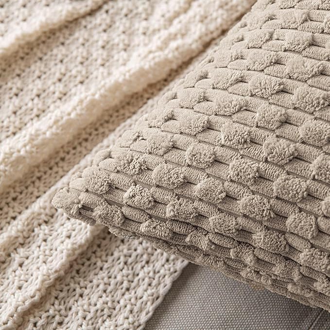 MIULEE Pack of 2 Decorative Throw Pillow Covers 18x18 Inch Soft Boho Striped Textured Corduroy Pillow Covers Modern Farmhouse Home Decor for Couch Bed Sofa Living Room Neutral Light Brown