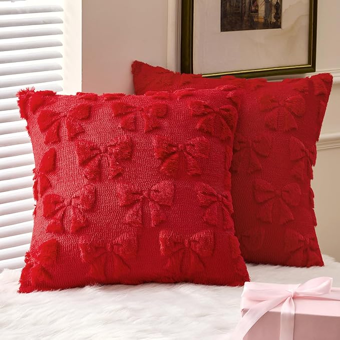MIULEE Red Bow Pillow Covers Coquette Room Decor Aesthetic Set of 2 Decorative Cute Girl Valentine Throw Pillow Soft Plush Faux Pillowcase for Preppy Room Decor Bedroom Couch,18x18 Inch