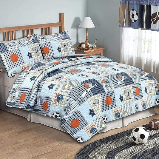 Cozy Line Home Fashions Blue Sports Baseball Basketball Soccer Ball Football Quilt Set Bedspread Coverlet for Boys Kids (Sport, Queen - 3 Piece)