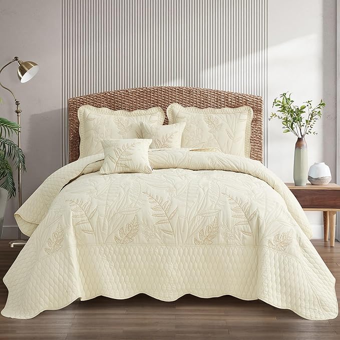 Botanical Bedspread Full Size - Leaves Pattern Stitching Quilt Set - Elegant & Fresh Style Bedding Coverlets, Reversible, Lightweight, 5 Piece, Ivory