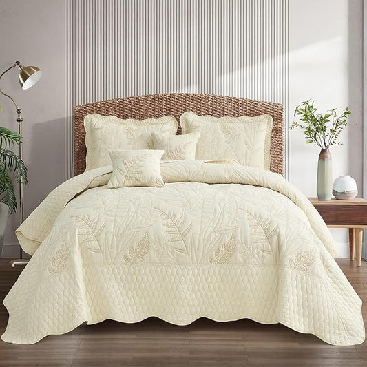 Botanical Oversized Bedspread Queen Size - Leaves Pattern Stitching Quilt Set - Elegant & Fresh Style Bedding Coverlets, Reversible, Lightweight, 5 Piece, Ivory