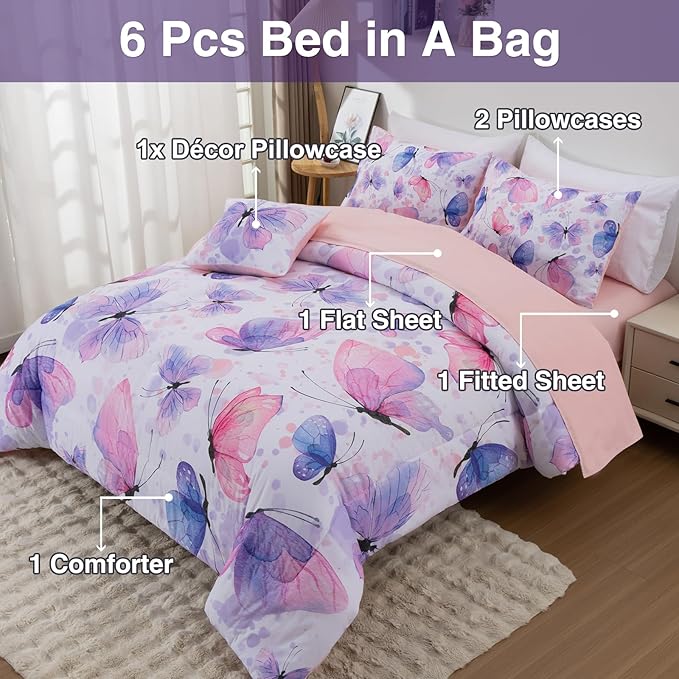 A Nice Night 6pcs Queen Bed in A Bag Watercolor Ink Wash Tie-Dye Butterfly Printed, Butterflies Flying Bedding Comforter Set, Purple