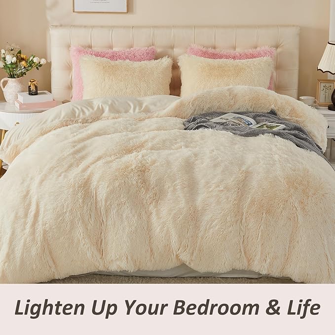 EMME Luxury Fuzzy Duvet Cover Set Twin Size Fluffy Comforter Cover Set for Twin Bed 2 Pieces Shaggy and Plush Soft Bedding Duvet Covers (Cream White, Twin)