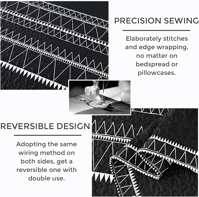 Andency Black Quilt Set Queen (90x96 Inch), 3 Pieces(1 Striped Triangle Printed Quilt and 2 Pillowcases), Bohemian Summer Lightweight Reversible Microfiber Bedspread Coverlet Sets