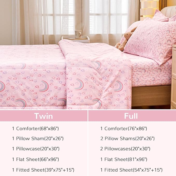 Viviland Kids Twin Bedding Sets for Girls, Soft Twin Comforter Set with Sheets, 5 Pieces Microfiber Bed in a Bag, Pink Heart Rainbow