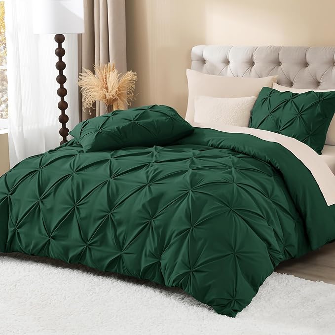 Litanika Emerald Pinch Pleat Duvet Cover Queen, 3 Pieces Pintuck Soft Microfiber Bedding Set with Zipper Closure & Corner Ties(90x90Inch-1 Duvet Cover, 2 Pillowcases)