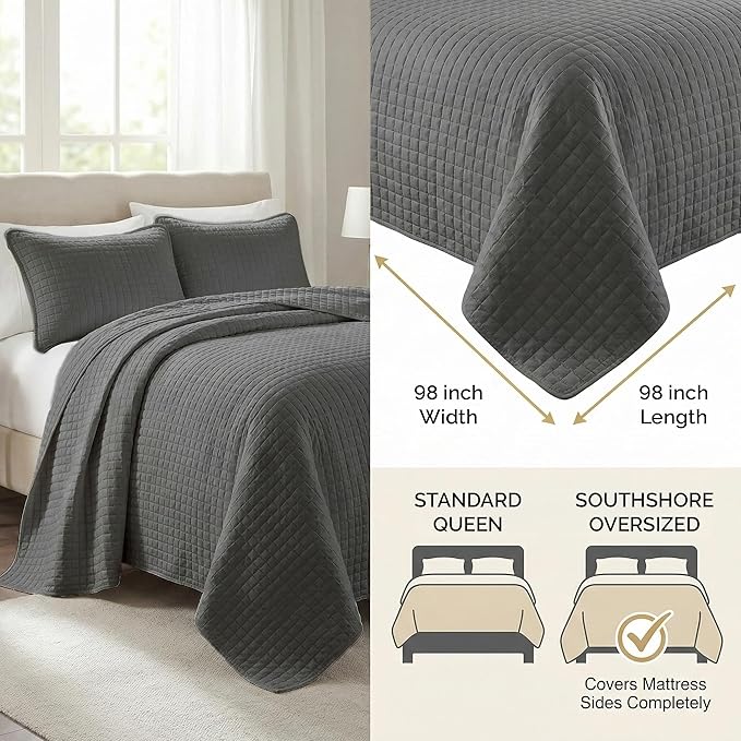 Southshore Fine Living, Inc. Summer Bedspreads, Queen Size Set, Full/Queen Quilt Bedspread with 2 Matching Pillow Shams, Soft Microfiber Lightweight Quilts Coverlet, Easy Care, Slate Grey