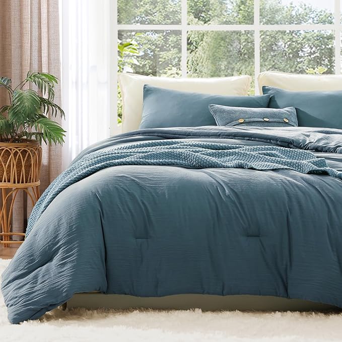 WRENSONGE Full Size Comforter Sets - 3 Pieces Oxford Blue Comforter Prewashed Soft Lightweight for All Seasons, Fluffy Down Alternative Comforter Full Size with 2 Pillow Shams