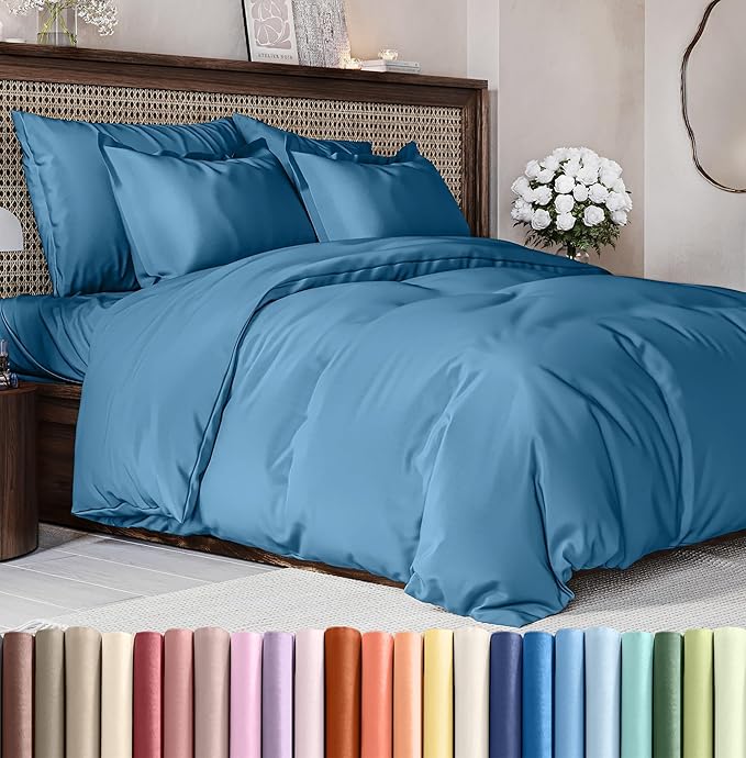 Duvet Cover Cal King Size - Extra Soft Cal King Size Duvet Cover - Lightweight, Breathable & Cozy - Easy Care with Zipper Closures & Ties - 104" x 98" Inches - (Denim Blue) Comforter Not Included