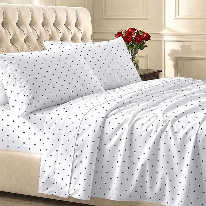 California Design Den California King Sheet Sets - 400 Thread Count Sateen, Natural 100% Cotton Bed Sheets Set, Deep Pocket and Durable Bedding - Polka Dot