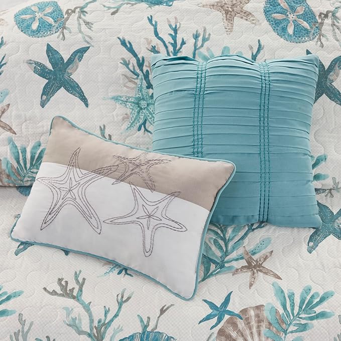 Madison Park Quilt Set Cottage Coastal Design, Starfish Print - All Season, Coverlet Bedspread Lightweight Bedding Layer, Shams, Toss Pillows, King/Cal King(104"x94"), Pebble Beach Aqua 6 Piece