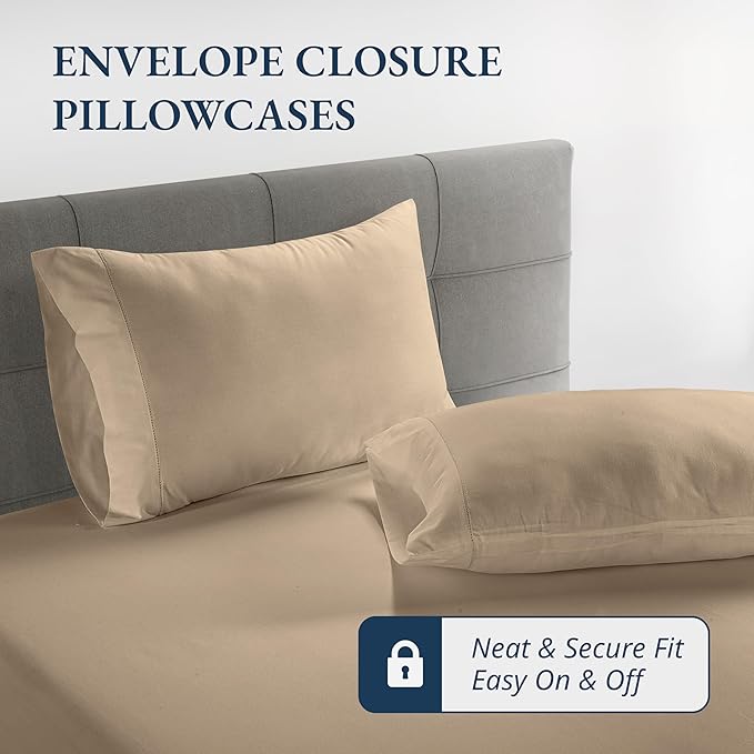 LANE LINEN 100% Organic Cotton Linen Twin Fitted Sheets, 2-Piece Set (1 Fitted Sheet, 1 Pillowcase), Percale Weave, Ultra Soft, Breathable, Fits Mattress Upto 15' Deep - Linen (No Flat Sheet)