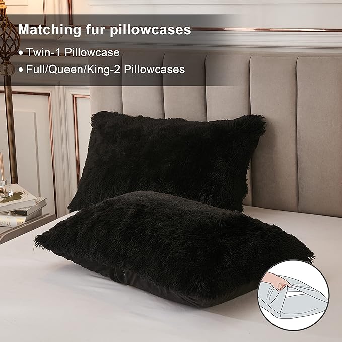 annadaif Plush Shaggy Duvet Cover, Black Fluffy Comforter Cover Set Full Size, Fuzzy Faux Fur Bedding Set with Zipper Closure, Luxury Ultra Soft 3 Pieces (1 Duvet Cover, 2 Pillowcases)