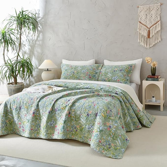 QSH 100% Cotton Quilt Queen Size Bedding Set (90"x98") 3Pcs Green Floral Quilt Set Summer Flower Bird Butterfly Printed Bedspread Coverlet Queen Lightweight Soft Bedding Set with Pillowcases