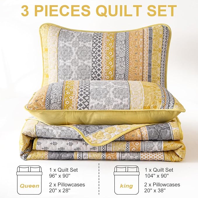 WONGS BEDDING Boho Quilt Set King Size, Yellow Bohemian 3 Pieces Fall Quilt Sets, Lightweight Bedspread Coverlet Bedding Set for All Season (104"x90")