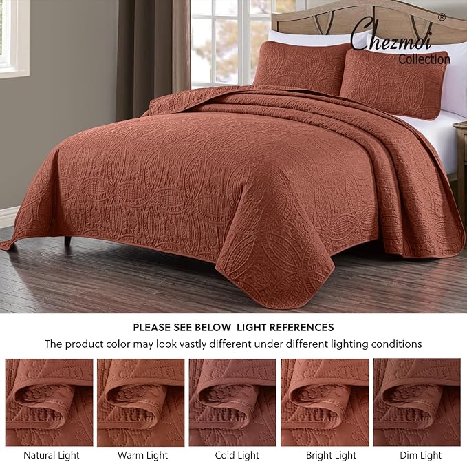 Chezmoi Collection Austin King Bedspread Set 3-Piece Pinsonic Quilted Oversized Bedspread Coverlet Set, King, Terracotta