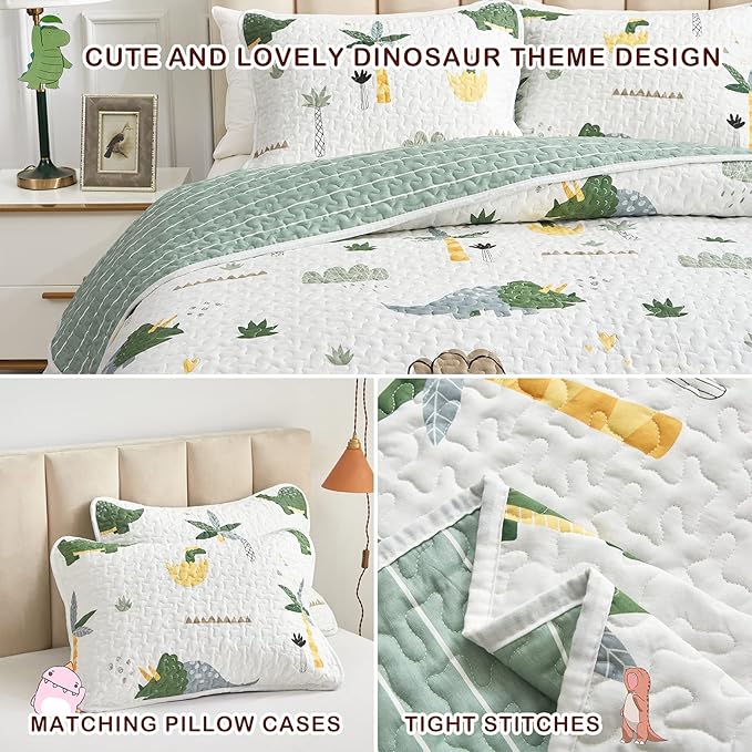 Joyreap 3-Piece Cotton Quilt Set Full/Queen, Dinosaur Theme Green Color Design for Kids Boys n Girls, Smooth Soft Quilt Bedspread Bed Cover for All Season, 1 Quilt and 2 Pillow Shams- 90x90 inches