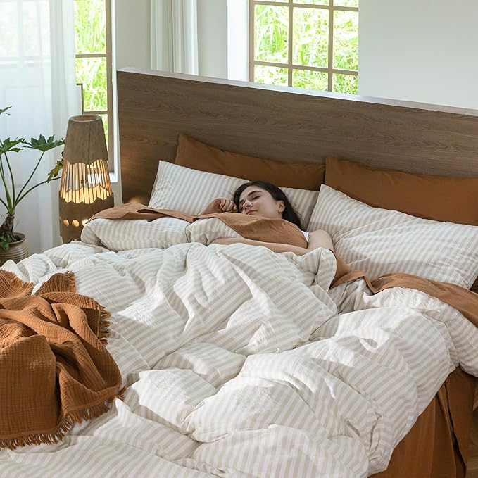 MooMee Striped Duvet Cover Set 100% Washed Cotton Linen Like Textured Breathable Durable Soft Comfy (Almond Milk Grey Classic Stripes, Cal King 104"x98")