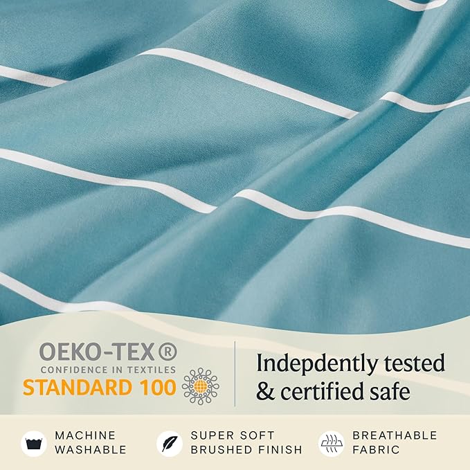LuxClub 4 PC Cal King Size Sheet Set, Breathable Luxury Bed Sheets, Deep Pockets 18" Wrinkle Free Cooling Machine Washable Hotel Bedding (Striped Light Blue)