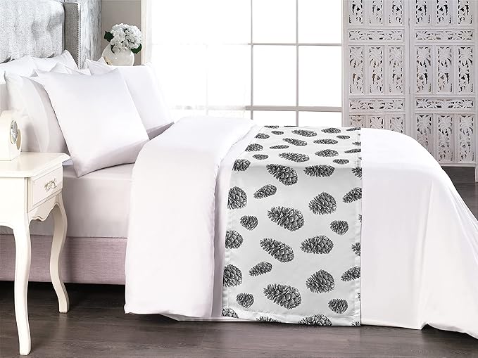 Lunarable Pine Cone Bed Runner, Detailed Hand Drawn Sketch of Fir Tree Repetition in Monochrome, Decorative Accent Bedding Scarf for Hotels Homes and Guestrooms, Queen, Charcoal White