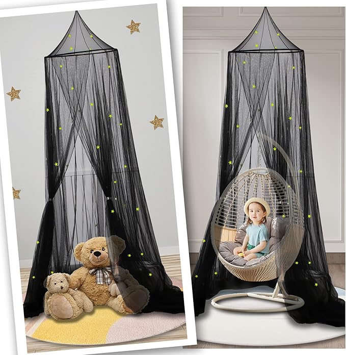 South to East Bed Canopy with Glowing Stars in The Dark, Black Bed Curtains for Kids Bed & Toddler Bed, Twin, Full & Queen, Mosquito Net Canopy for Adult Bedoom, Easy to Install