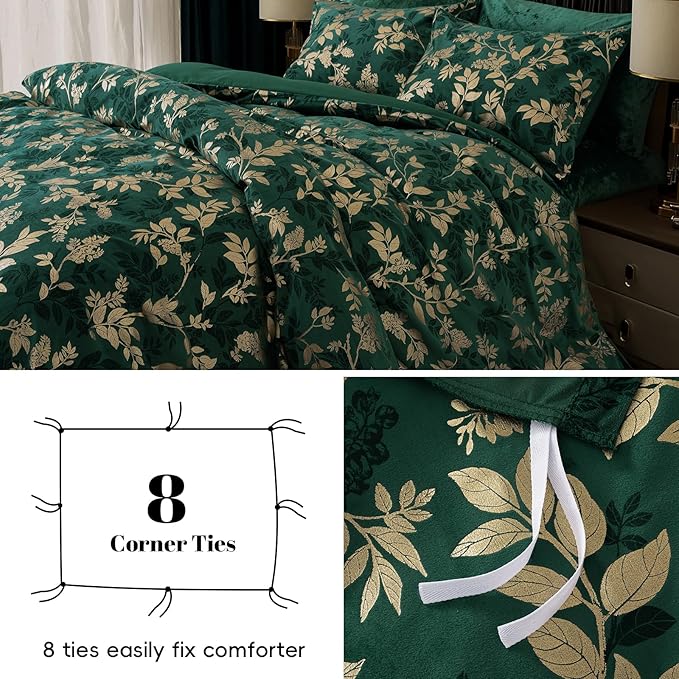 PHF Truly Velvet Duvet Cover Set King Size, 3pcs Leaves Print Ultra Soft Breathable Comforter Cover Set, Luxury Cozy Flannel Duvet Cover with Pillow Shams Bedding Collection, 104" x 90",Green and Gold