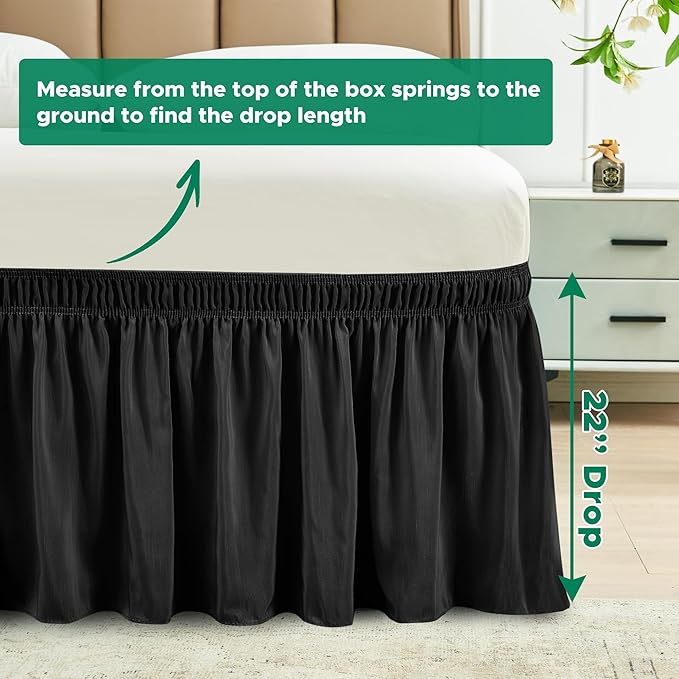 Biscaynebay Wrap Around Bed Skirts for Full & Full XL Beds 22" Long Drop, Black Adjustable Elastic Dust Ruffles Easy Fit Wrinkle Resistant Silky Luxurious Fabric Machine Washable
