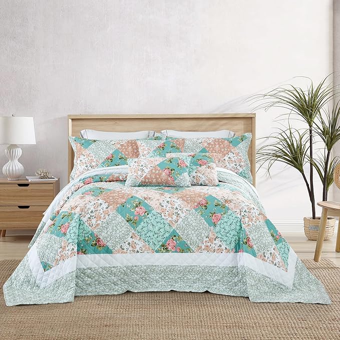 Oversized King Bedspread, Farmhouse Patchwork Floral Quilt Bedding Cover, Reversible, 6 Piece, 100% Microfiber, King/Cal King, Rosa Chinensis Jacq