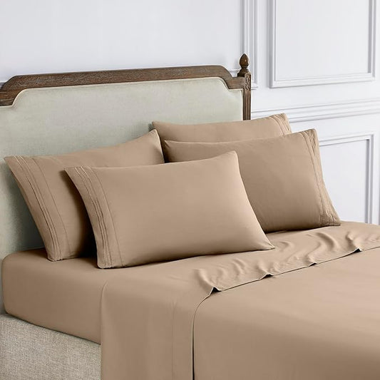 Modern Threads 6-Piece Bed Sheet Set - Deep Pocket, Soft Brushed Microfiber Sheets, Cool & Breathable for Mattress Up to 21 Inches, Includes 4 Pillowcases, Flat & Fitted Sheets, Cream Queen