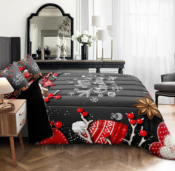 Bedbay Christmas Bedding Set King Size Red Christmas Comforter Set Cute Gingerbread Man and Snowflake Pattern Boys Girls Xmas Festival Bedding 4 Pcs Comforter Set(Xmas,King)