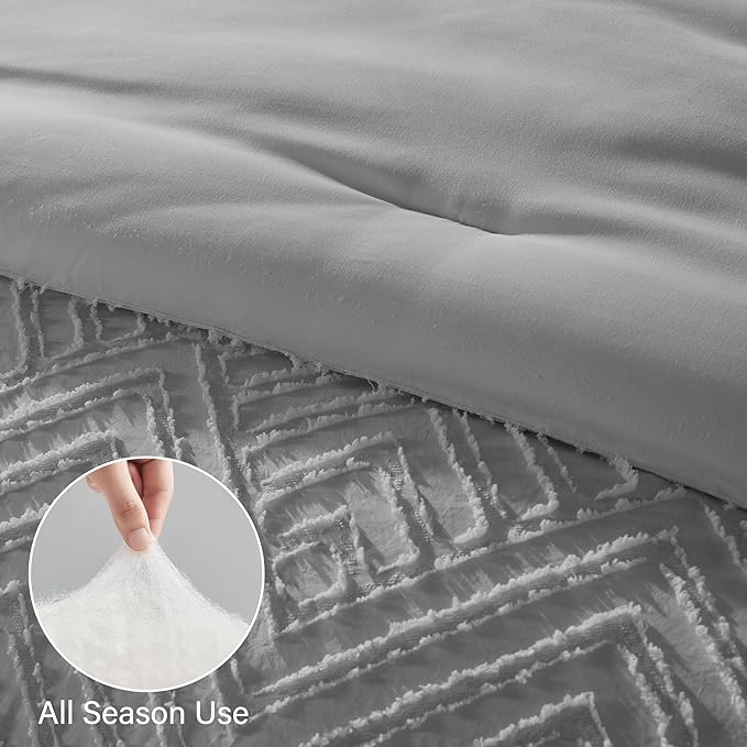 Zzlpp King Comforter Set 7 Pieces, Light Grey Tufted Bed in a Bag with Comforter and Sheets, All Season Boho Bedding Sets with Comforter, 2 Pillow Shams, 2 Pillowcases, 1 Flat Sheet, 1 Fitted Sheet