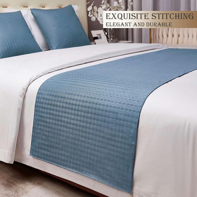 Aqua Blue Bed Runner King Geometry Striped Reversible Bed Scarf for 180cm Bed Aqua Durable Quilted Bed Scarves Decorative for Hotel Bedroom (95 x 20 in, 1 Piece)