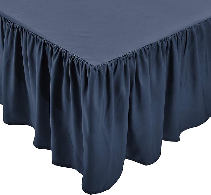 Amazon Basics Lightweight Ruffled Bed Skirt, Classic Style, Soft and Stylish 100% Polyester with 16" drop-Queen, Navy Blue, Solid