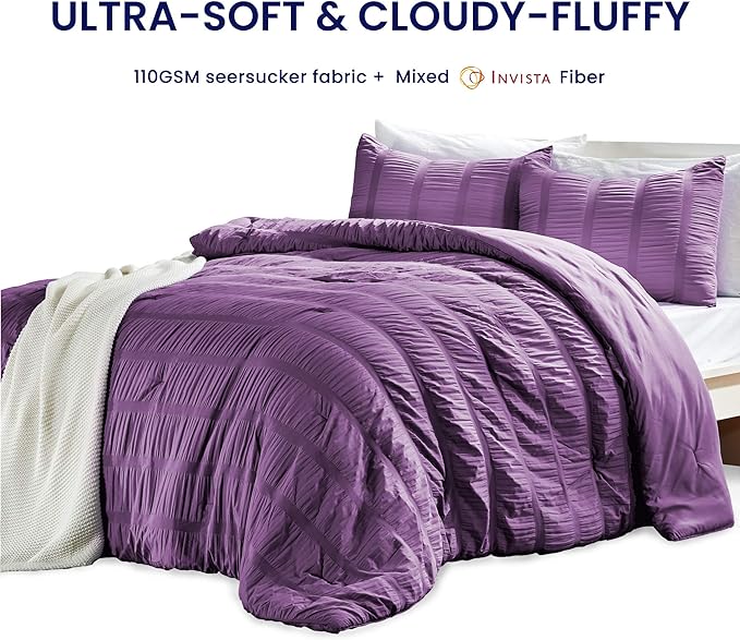 SLEEP ZONE Luxury Seersucker Queen Comforter Set 3-Piece, Soft & Lightweight Down Alternative Duvet Insert with Pillow Sham Cooling for Summer, Purple
