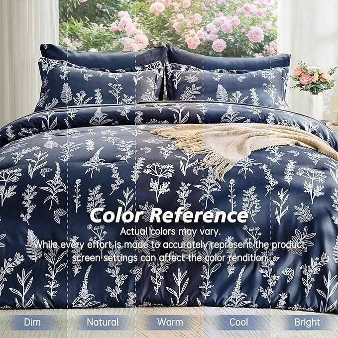 MUXHOMO Navy Blue King Comforter Set, Elegant Floral Print Bed in a Bag 7 Pieces, Ultra Soft & Breathable Reversible Botanical Pattern Bedding Set with Comforter, Sheets, Pillowcases, and Shams