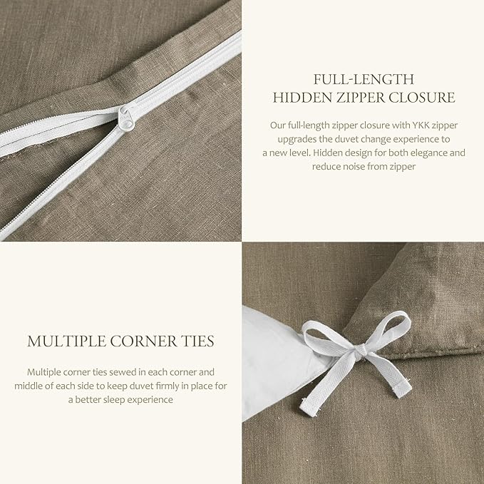 DAPU 100% Linen Duvet Cover Set - Pure Natural French Flax Linen with Corner Ties and Zipper Closure Soft Breathable Durable for Hot Sleepers 1 Duvet Cover 2 Pillowcases (Gray Green, Queen)