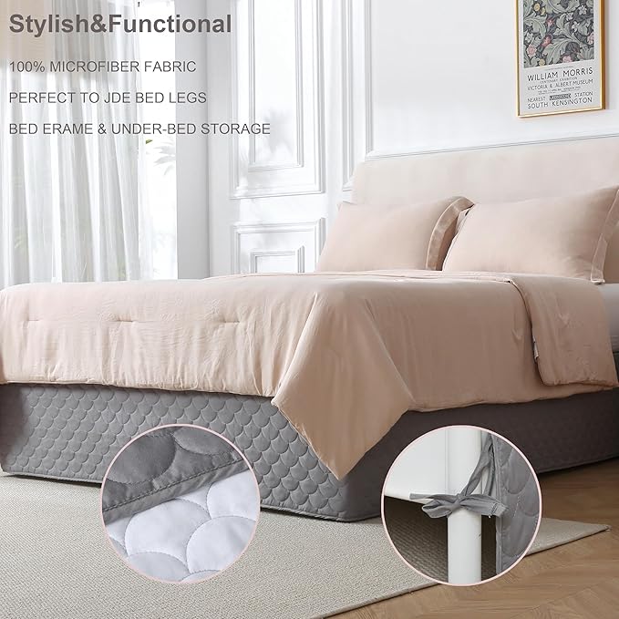 Full Size Gray Bed Skirt with 14-Inch Drop, Easy Fit Wrap-Around Cover for Bed, Wrinkle-Free and Fade-Resistant Box Spring Cover. (Gray Seashells, Full)