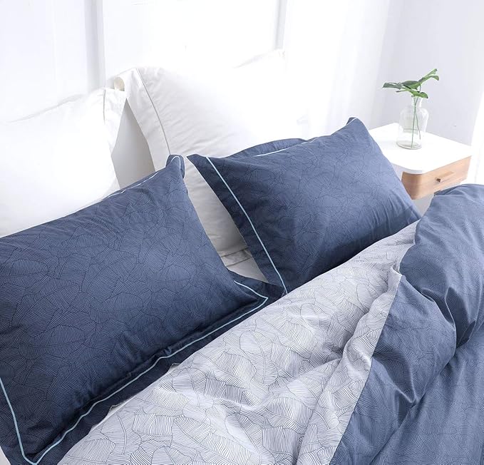 SLEEPBELLA Duvet Cover King Size, 600 Thread Count Cotton Navy & Grey Printed with Luxurious Blue Leaves Pattern Reversible Botanical Comforter Cover Sets, Bedding Set 3Pcs (King, Navy-Blue Leaves)