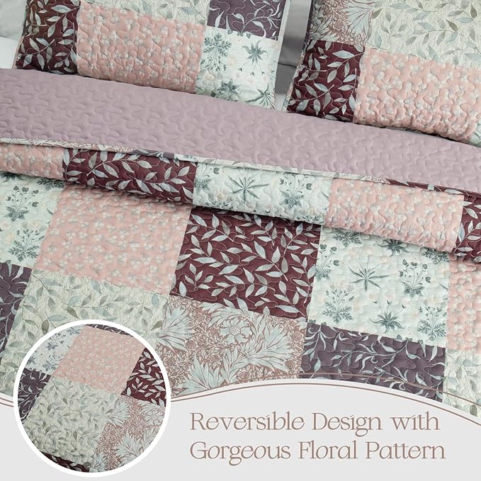 Exclusivo Mezcla Reversible Boho Quilts King Size, Brown Bedspreads Lightweight Coverlet All Season Patchwork Quilt Bedding Set with Printed Floral Pattern (1 Quilt, 2 Pillow Shams)